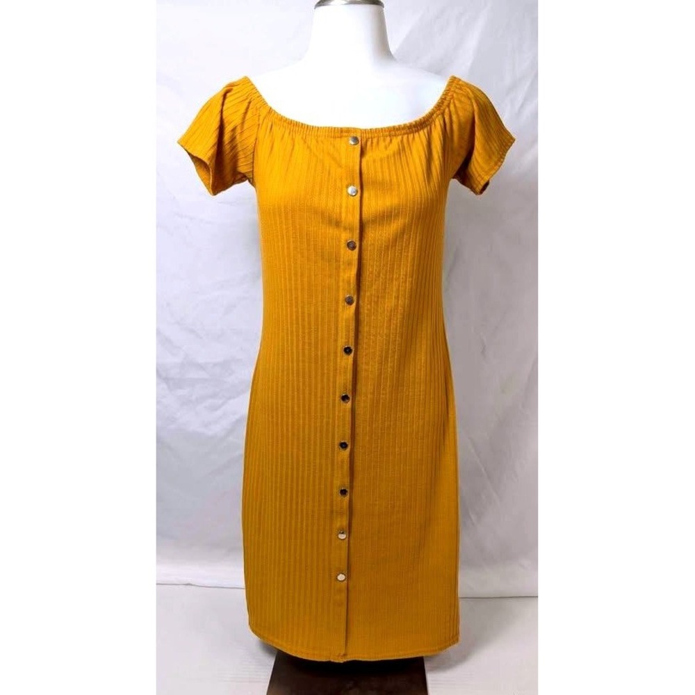 Say What?U.S.A.~Ribbed Bodycon Dress~Mustard Yellow/Off Shoulder/Button Up~LARGE